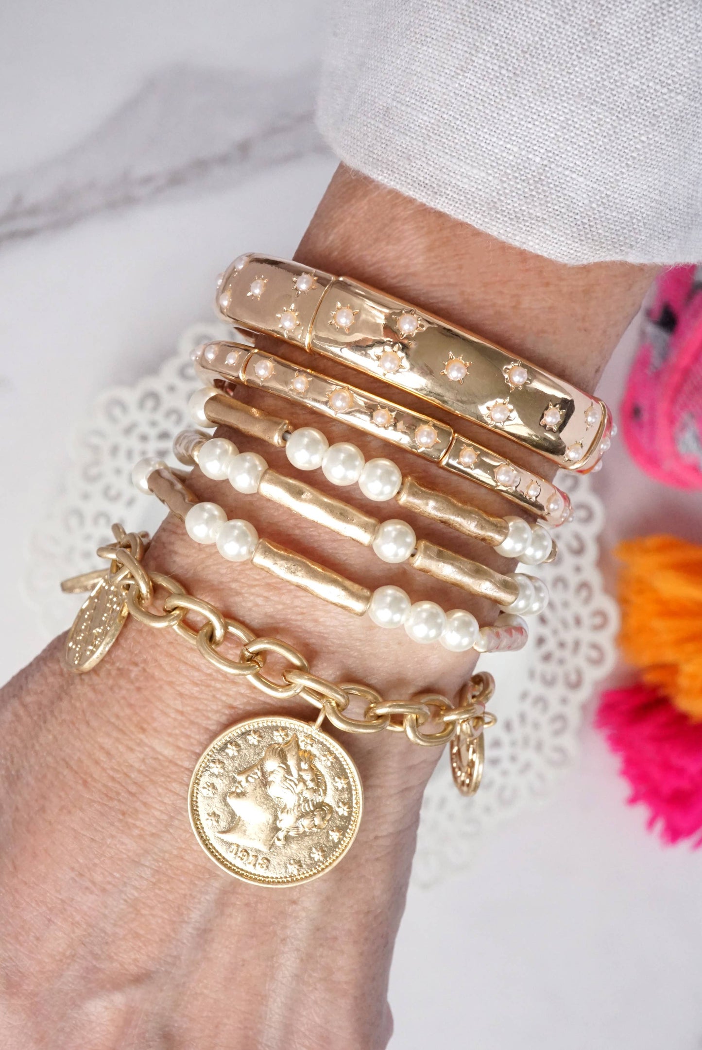 Pearls & Antique Gold Tube Beaded Bracelet Set 0073