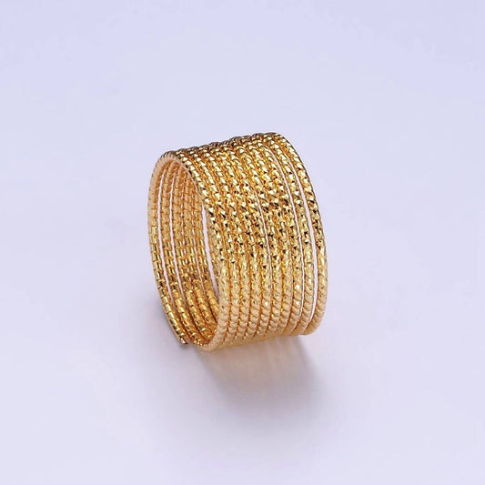 24K Gold Filled Multifaceted Line-Textured Wide Multiple Wide Band Ray Ring | O-612