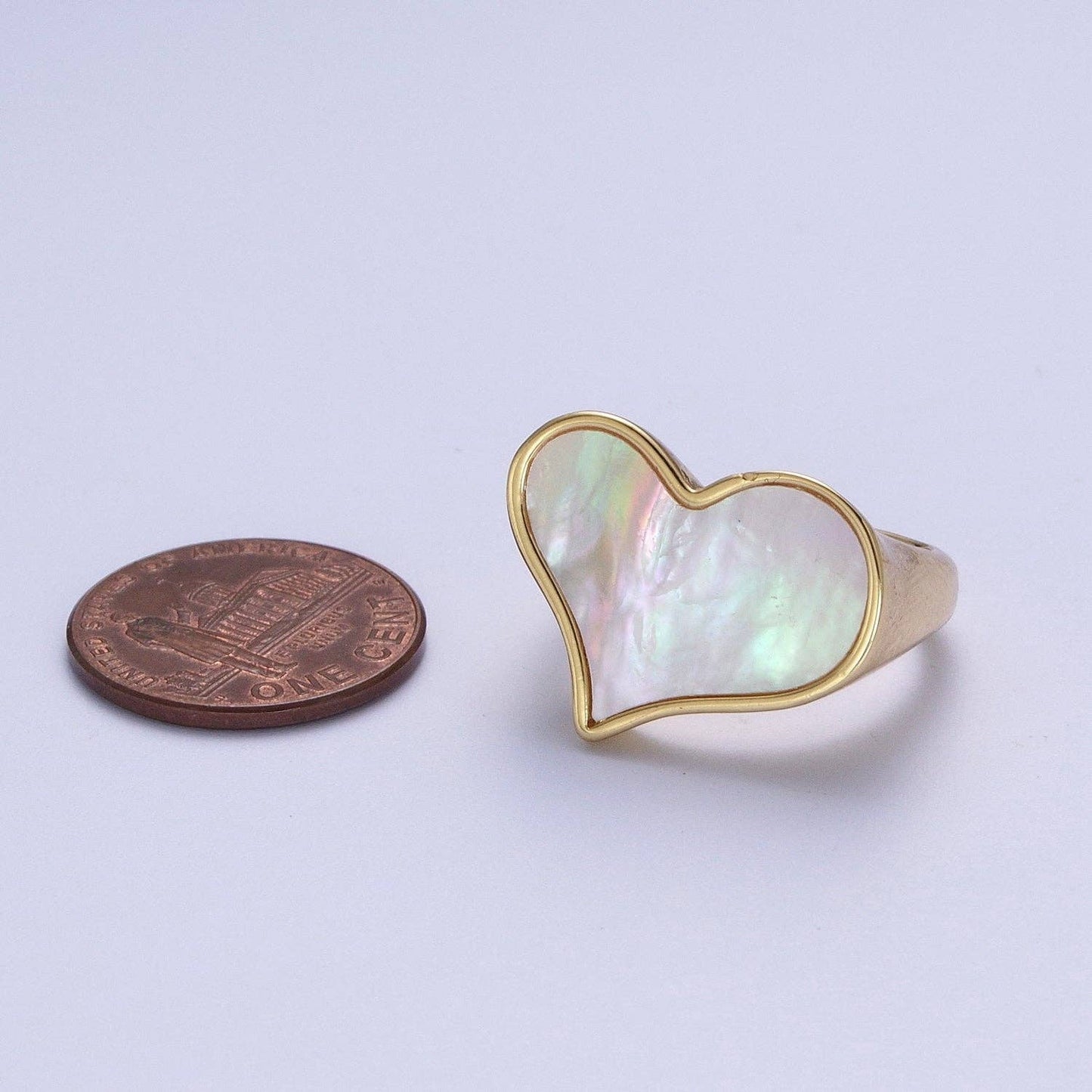 GoldFilled Love Heart White Shell Pearl Wide Band Ring O1997