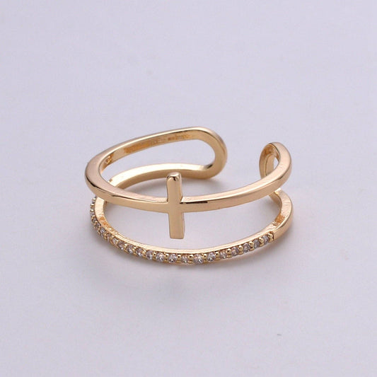 Side Cross Ring - Gold Cross Ring - Stacking Rings - Sideway Cross Ring - Cross Jewelry - Religious Jewelry - Sign Ring - Micro Pave ring R060