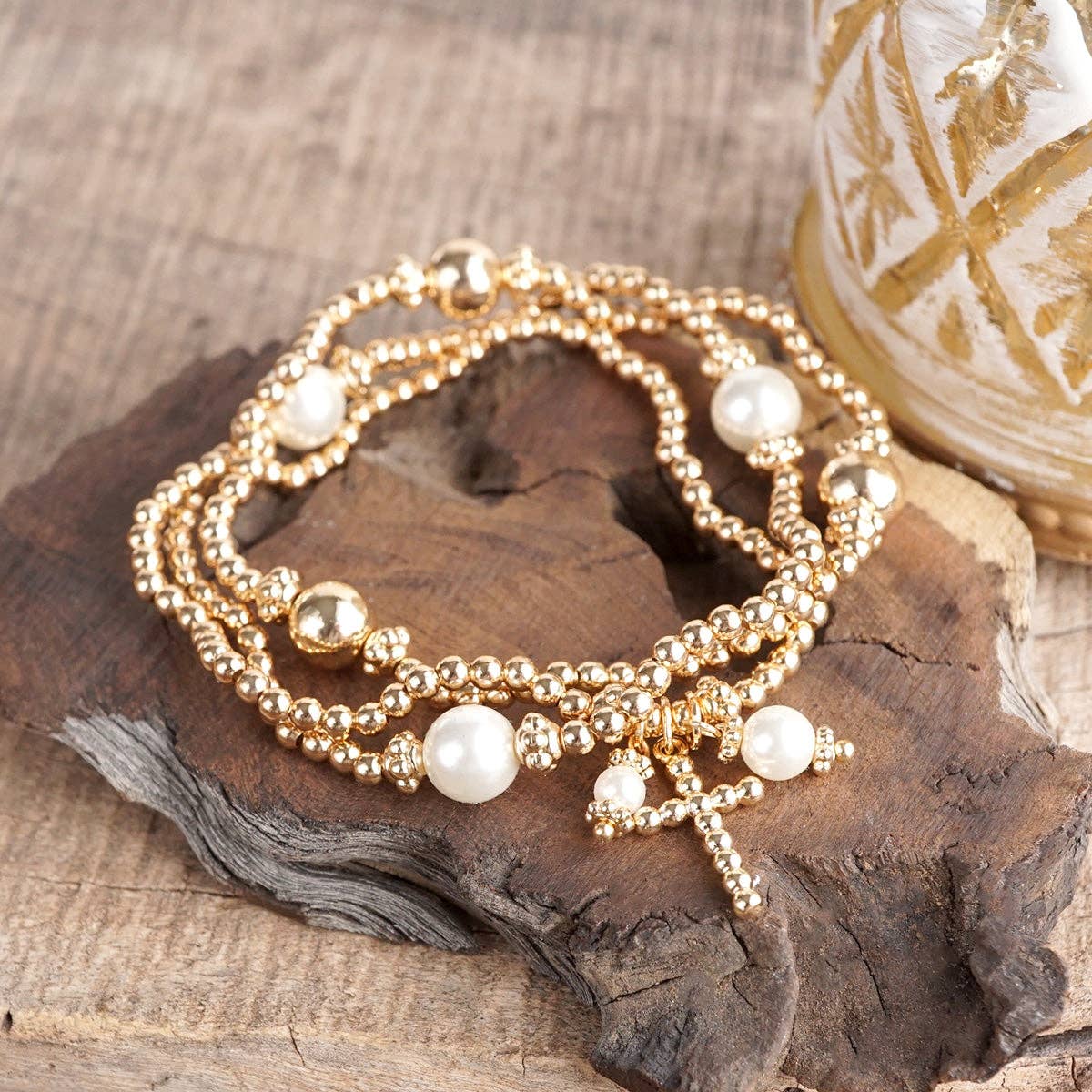 Pearl Devotion – Stretchy Cross Charm Bracelet Set