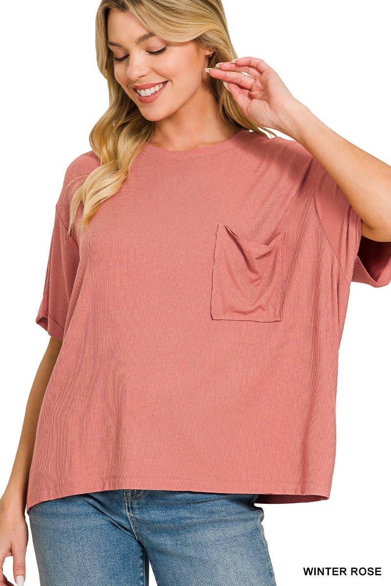 Oversized Ribbed Short Sleeve Tee w/ Back Patch - Zenana