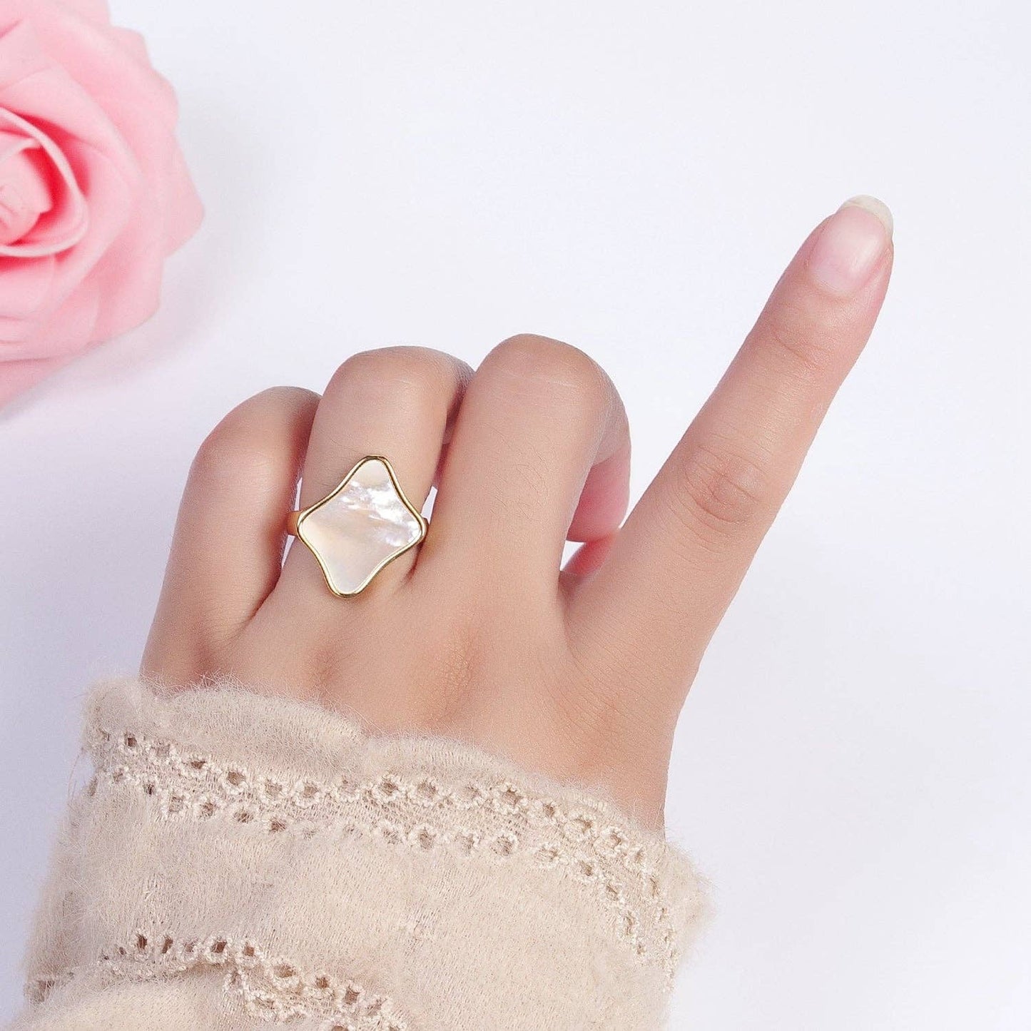 GoldFilled Pearl Shell Abstract Rhombus Quatrefoil Open Ring