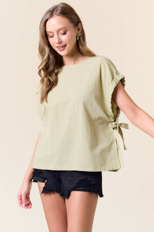Round Neck Drawstring Short Sleeve Over-Sized Top