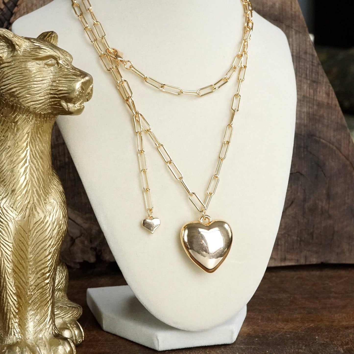 Long Puffy Heart Paperclip Chain Necklace – Gold Tone