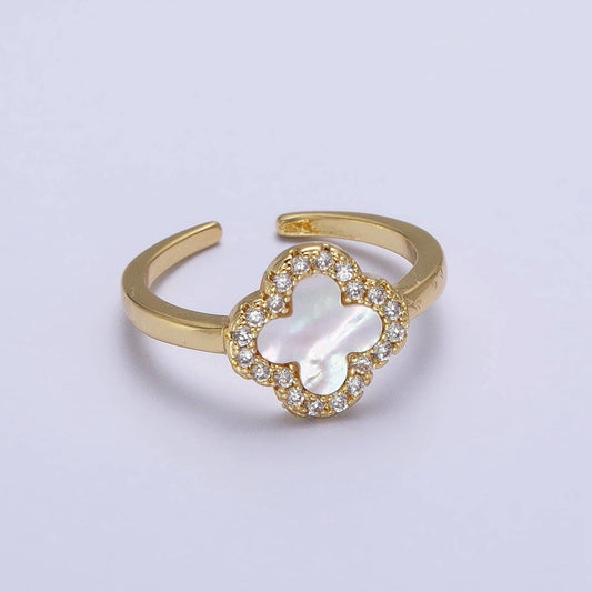 Dainty Shell Pearl Clover Ring Micro Pave Quatrefoil Ring Lucky Jewelry Four leaf Ring Y-604