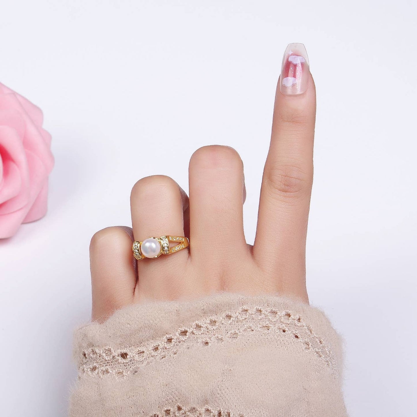 14K Gold Shell Pearl Micro Paved CZ Double Band Ring | O1344