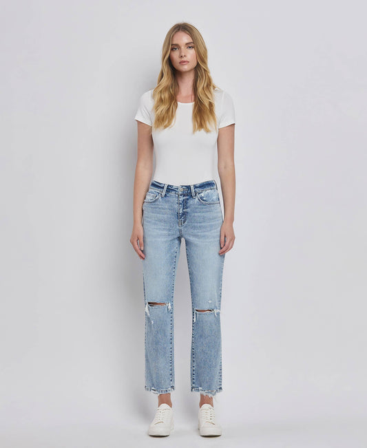 HIGH RISE DISTRESSED STRAIGHT JEANS