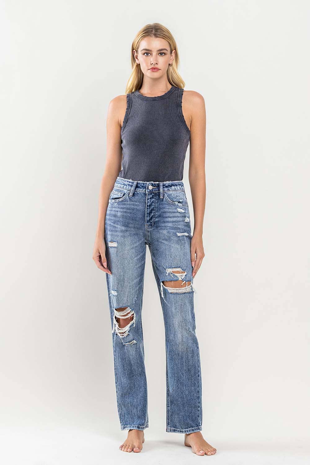 SUPER HIGH RISE DISTRESSED STRAIGHT JEANS