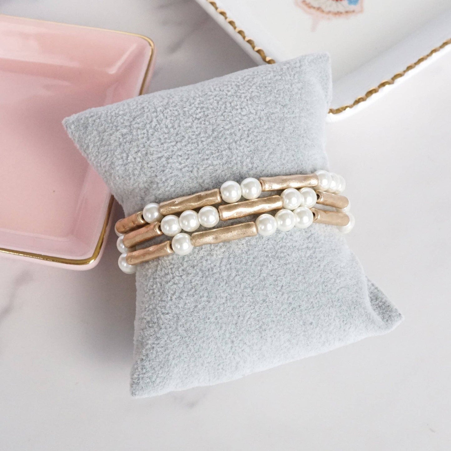 Pearls & Antique Gold Tube Beaded Bracelet Set 0073
