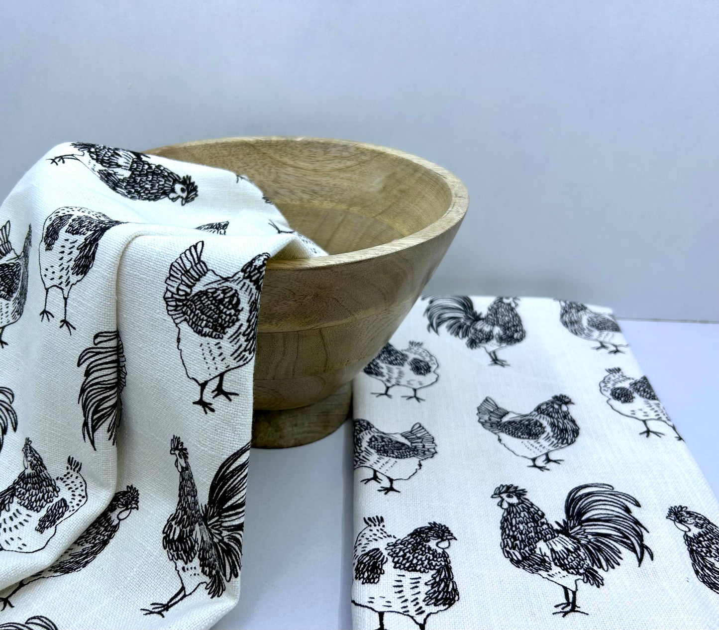 Wooden Bowl with 2 Kitchen Towels