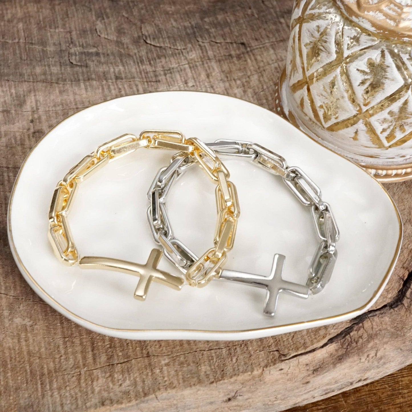 Sideways Cross Stretch Bracelet – Gold or Silver Tone