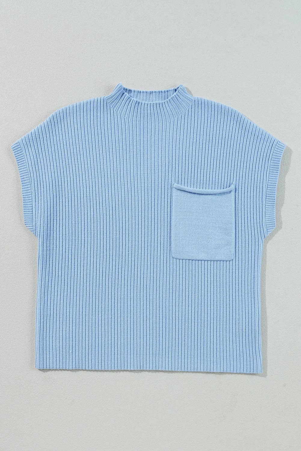 Ribbed Short Sleeve Pocketed Sweater