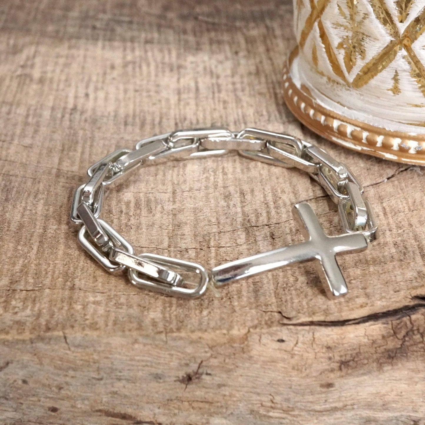 Sideways Cross Stretch Bracelet – Gold or Silver Tone