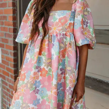 Pink Pastel Floral Puff Sleeve Dress