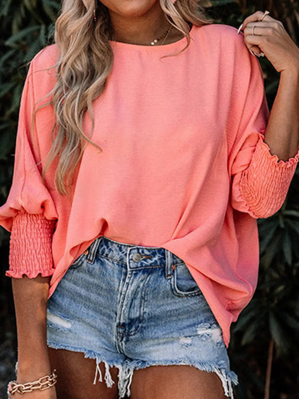 Coral Shirred Cuffs Top