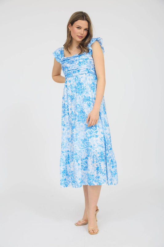 FLORAL RUFFLE STRAP DETAIL PLEATED MIDI DRESS