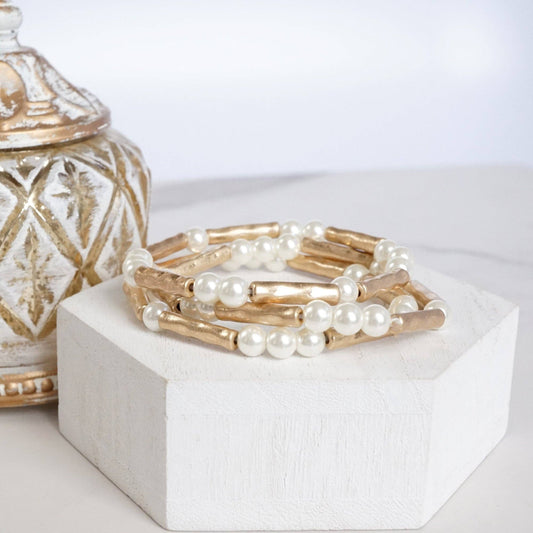 Pearls & Antique Gold Tube Beaded Bracelet Set 0073