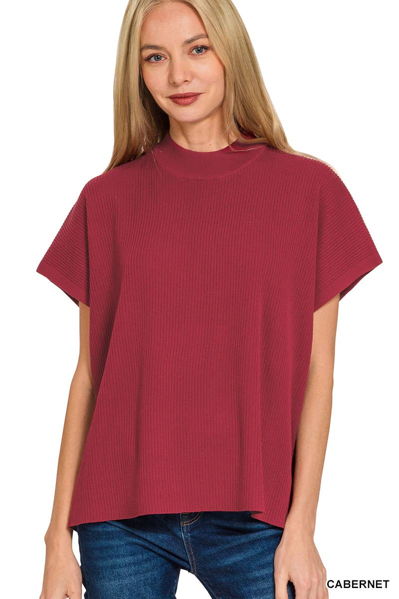 Viscose Mock Neck Short Sleeve Boxy Sweater SI-28297 Zenana