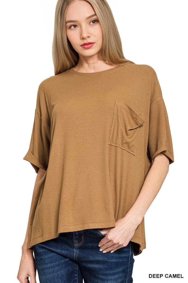 Oversized Ribbed Short Sleeve Tee w/ Back Patch - Zenana