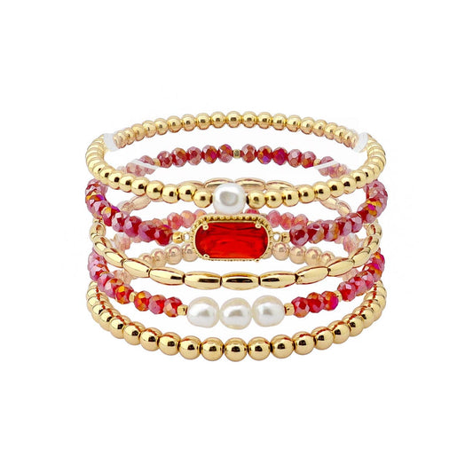 Set of 5 Red Crystal, Pearl, and Gold Stretch Bracelets 5793