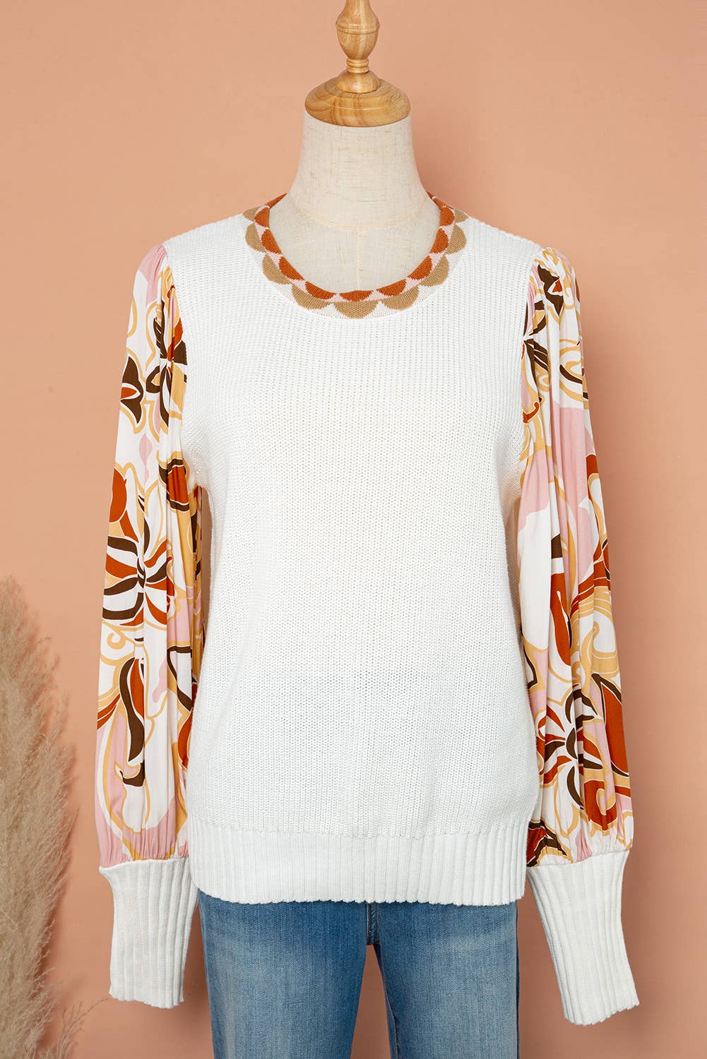 Floral Print Bishop Sleeve Knit Sweater