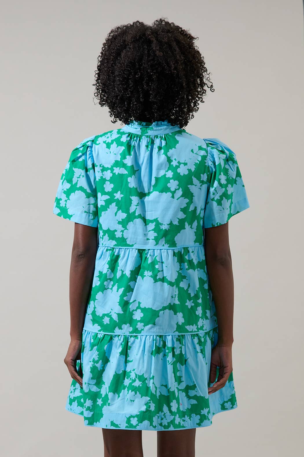 Riona Blue Green Floral Tiered Mini Dress