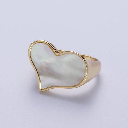 GoldFilled Love Heart White Shell Pearl Wide Band Ring O1997