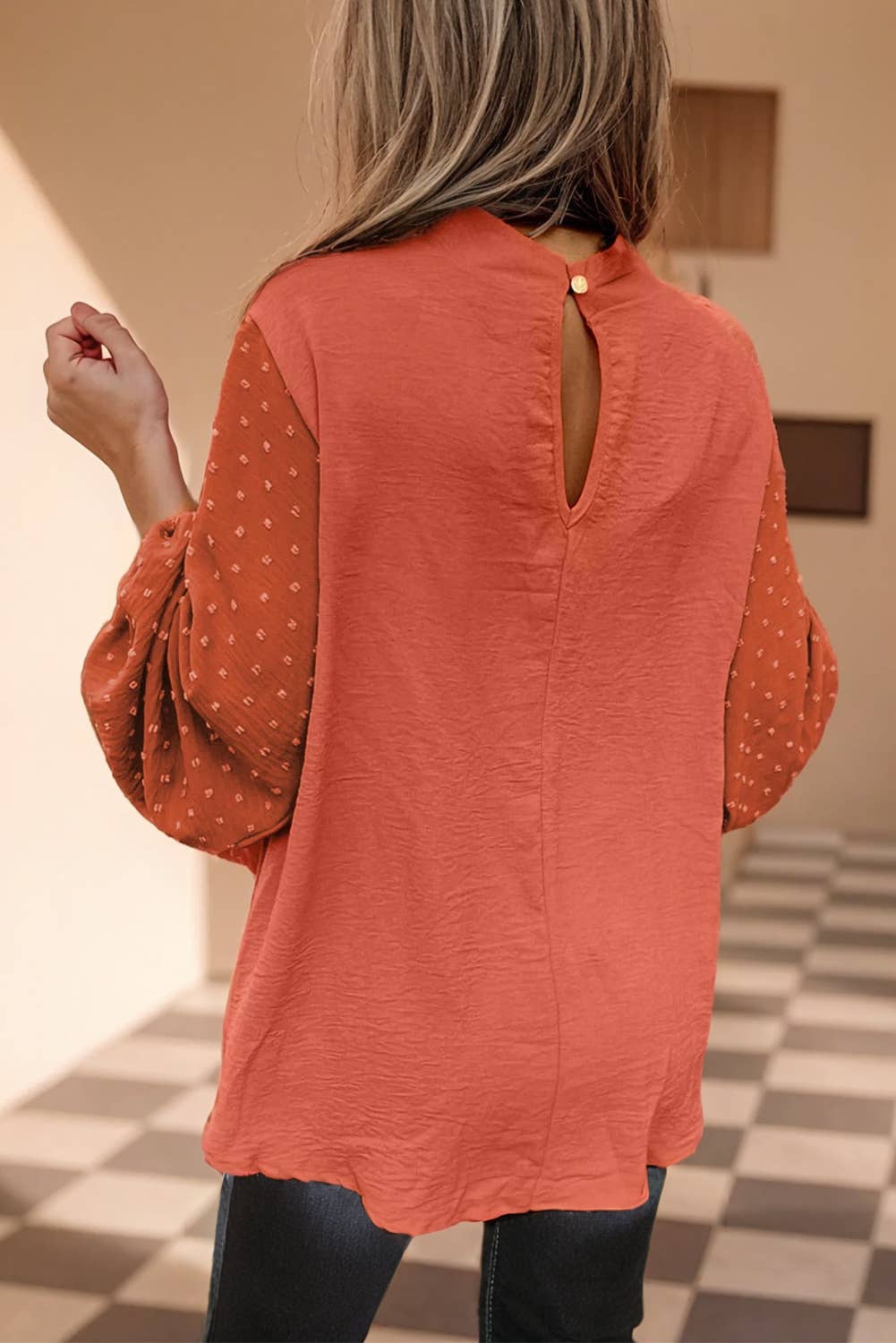 Burnt Orange-Dot Balloon Sleeve Blouse