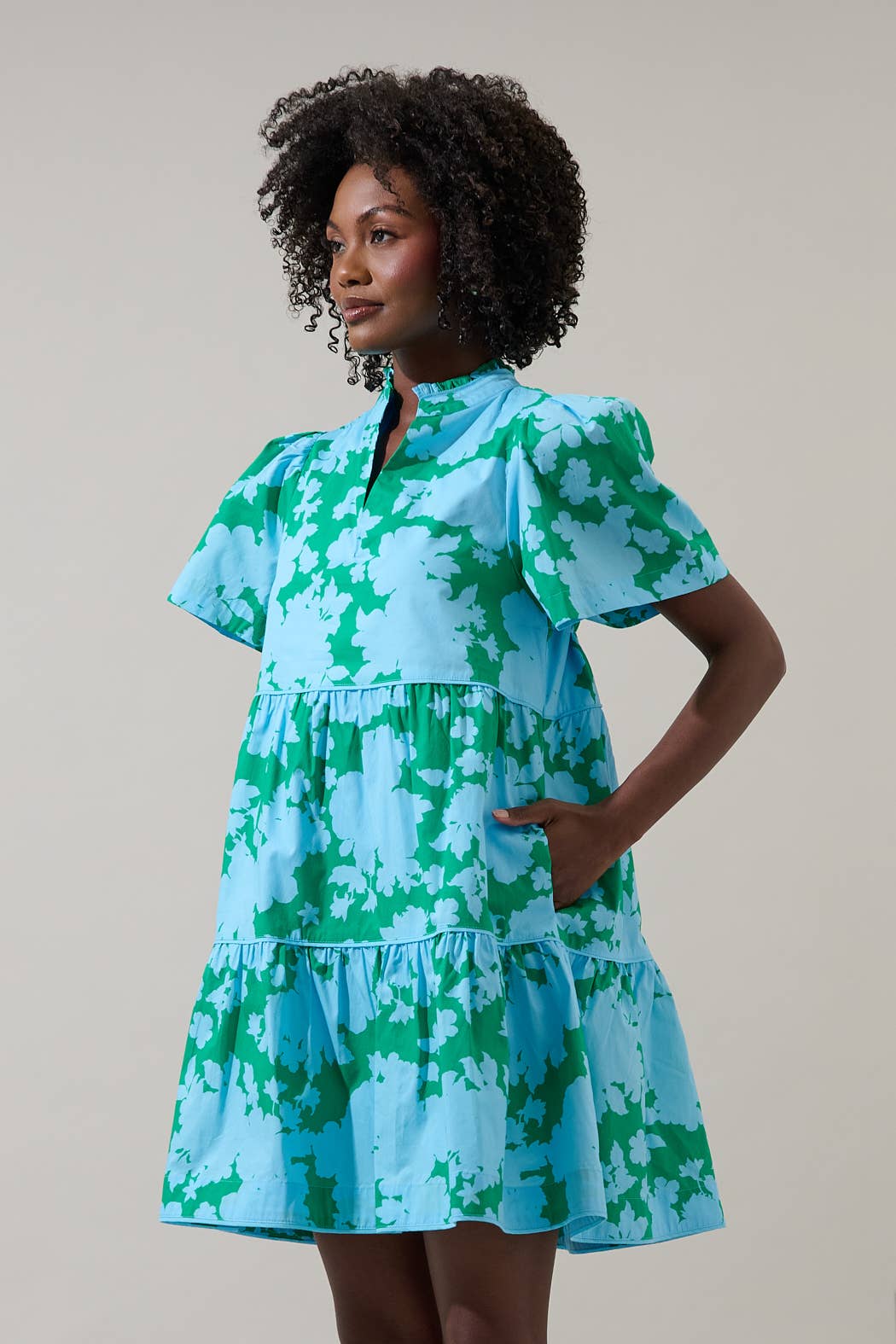Riona Blue Green Floral Tiered Mini Dress