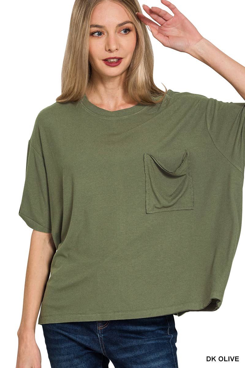 Oversized Ribbed Short Sleeve Tee w/ Back Patch - Zenana