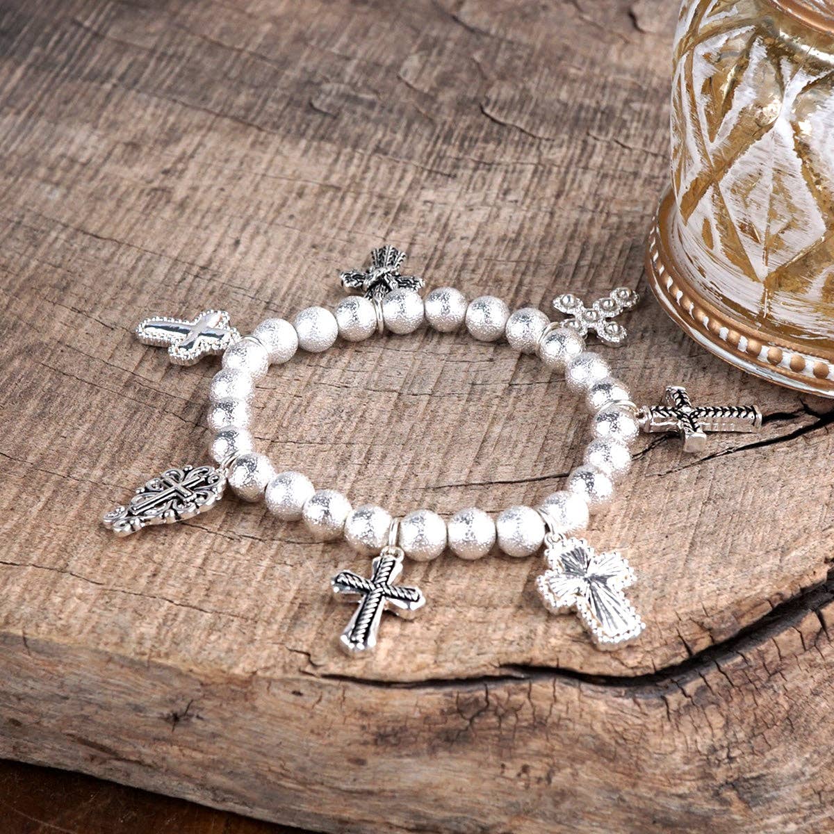 Faithful Path – Cross Charm & Beaded Stretch Bracelet
