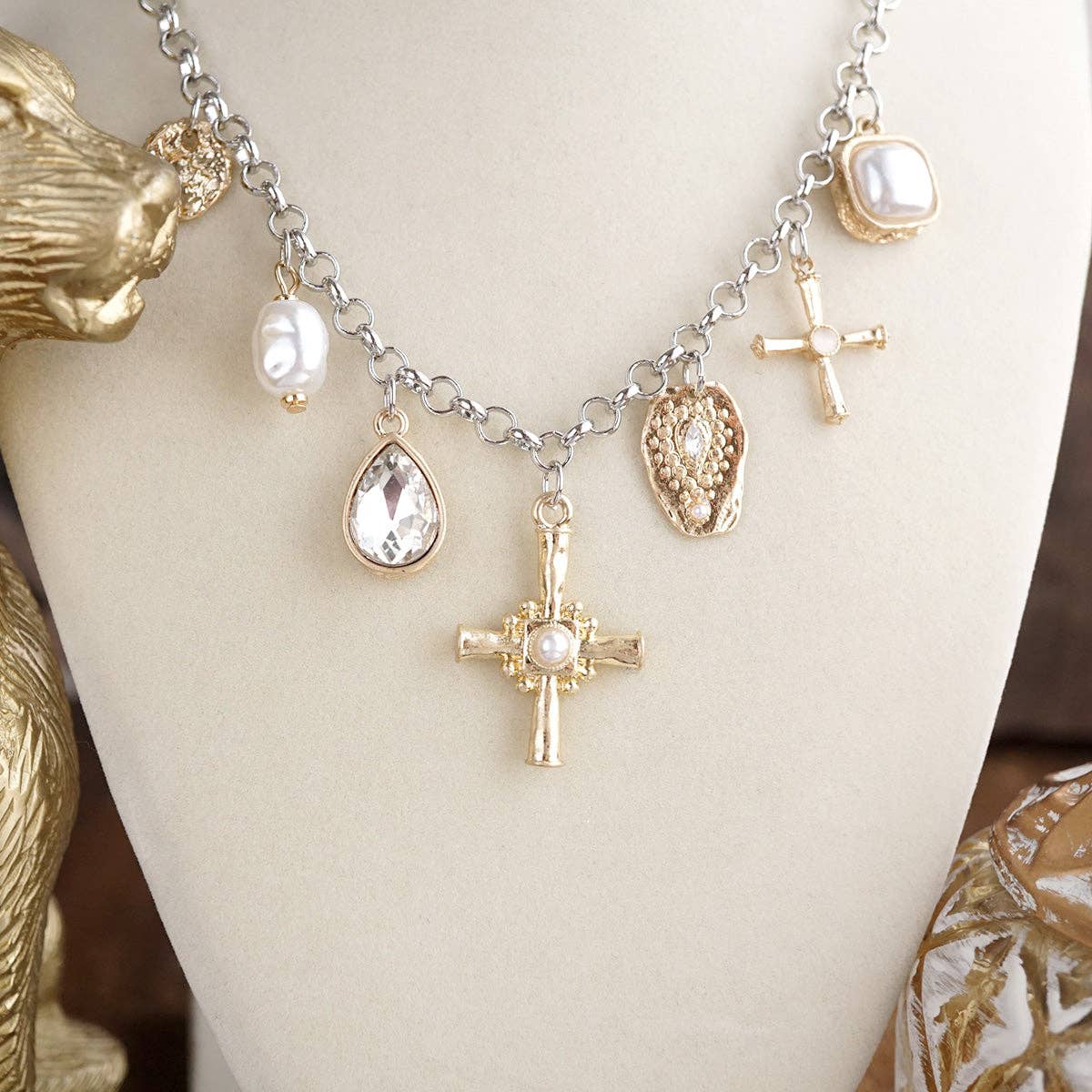 Golden Keepsake – Mixed Charm Cross Necklace