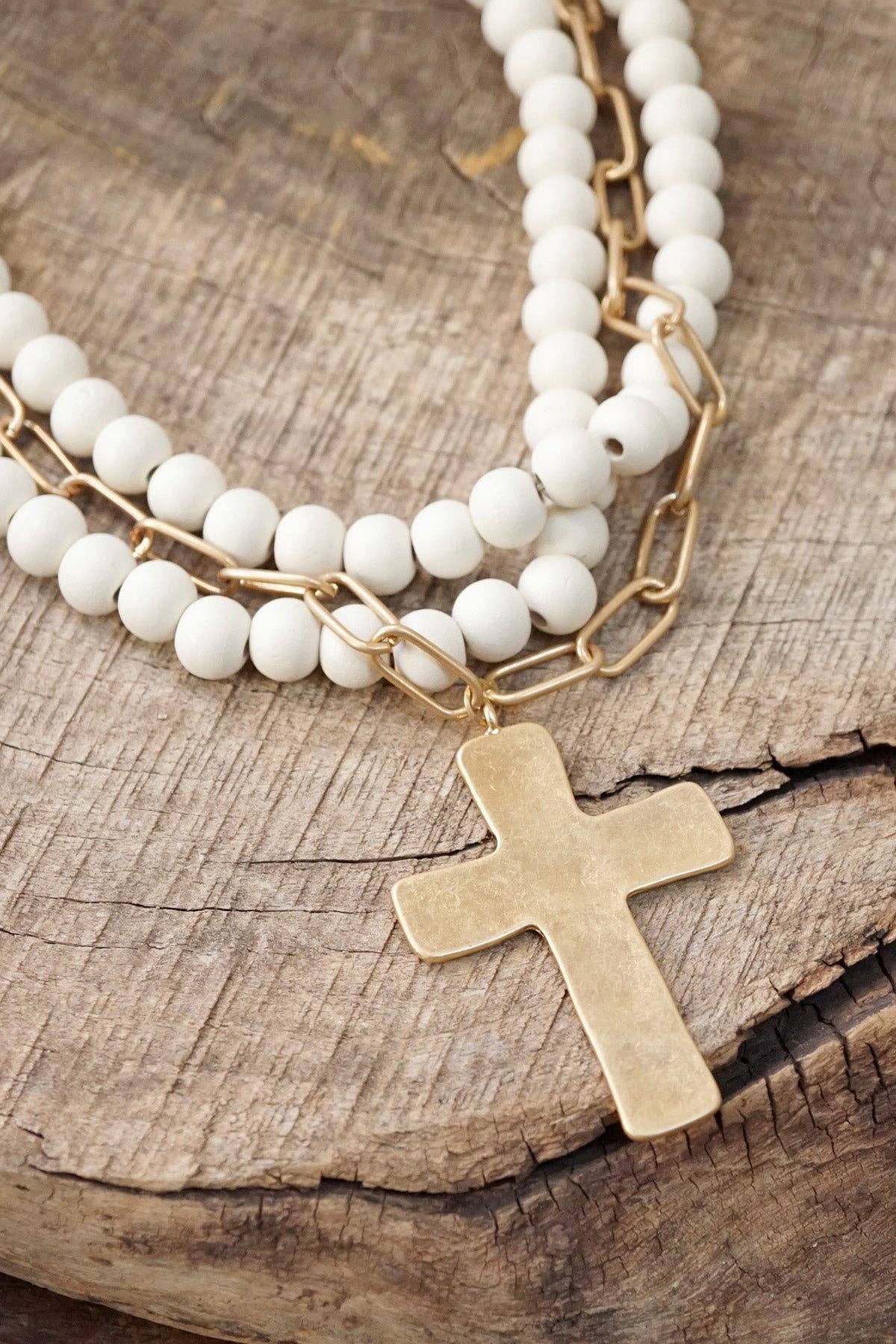 Multi Strand Wooden Beads Cross Necklace