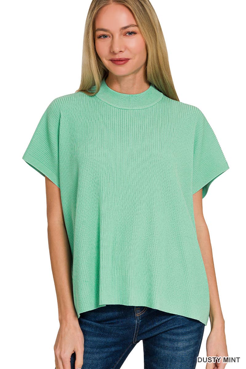 Viscose Mock Neck Short Sleeve Boxy Sweater SI-28297 Zenana