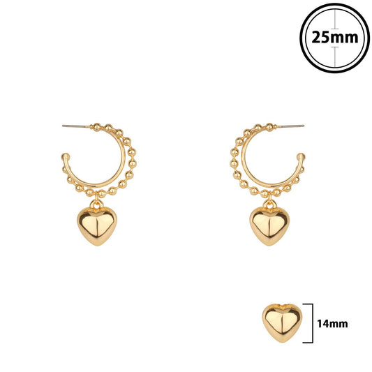 Gold Two Layered Beaded Hoop with Puffy Heart Drop 1.5" Earring 7088