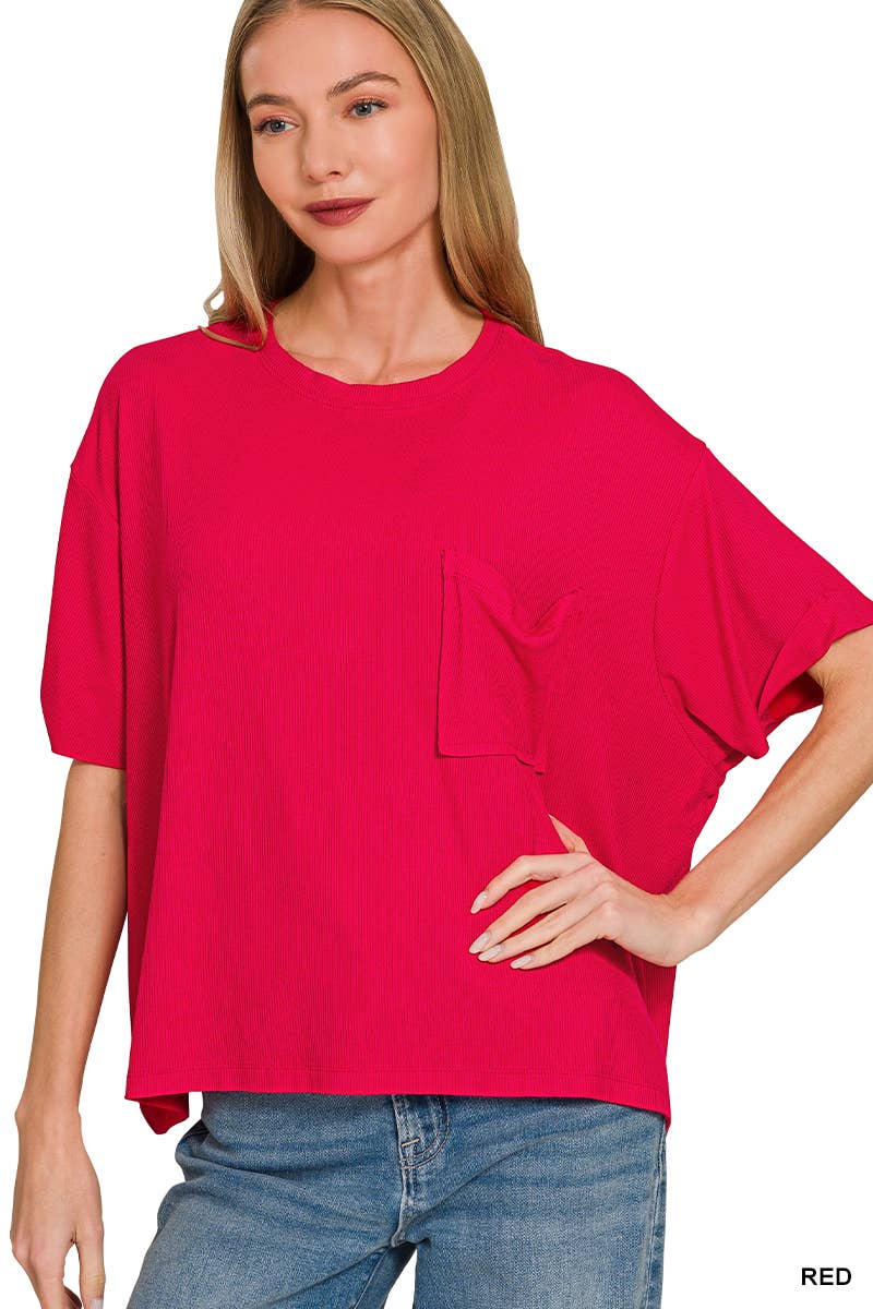 Oversized Ribbed Short Sleeve Tee w/ Back Patch - Zenana
