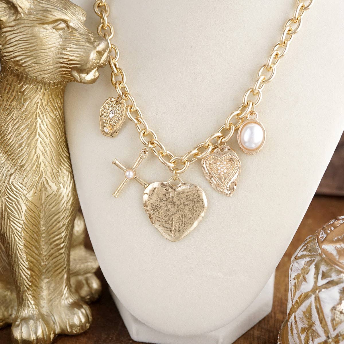 Golden Keepsake – Mixed Charm Heart Necklace