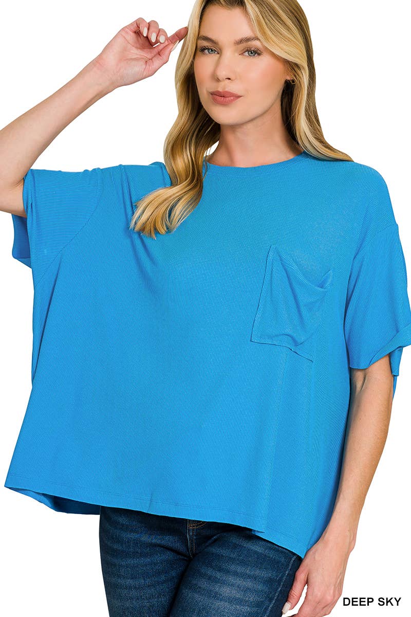 Oversized Ribbed Short Sleeve Tee w/ Back Patch - Zenana