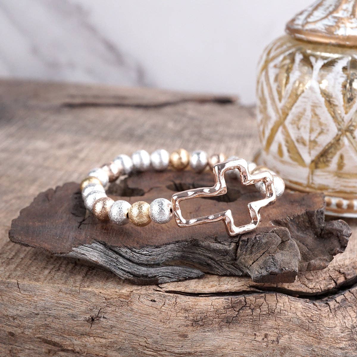 Faithful Path – Cross Charm & Beaded Stretch Bracelet