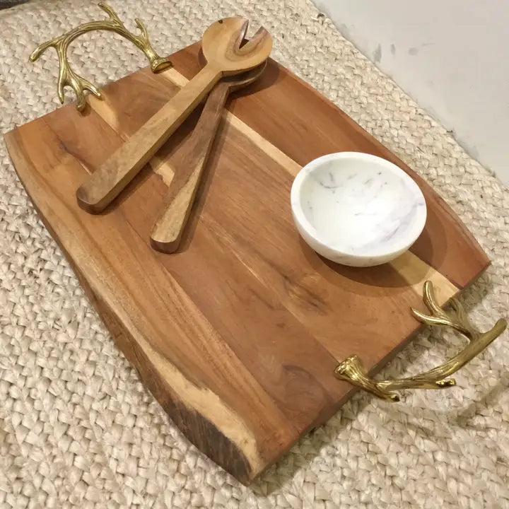 Wood Tray with Gold Antler Handles