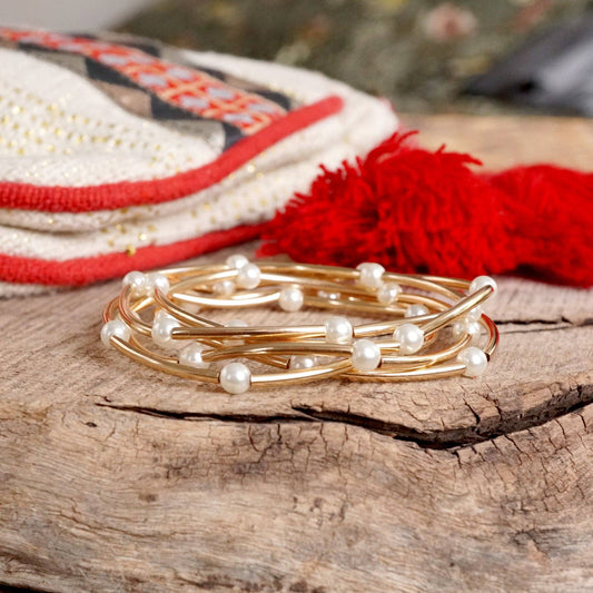 Pearls and Gold Tubes classic bracelets set 3488