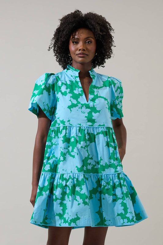 Riona Blue Green Floral Tiered Mini Dress