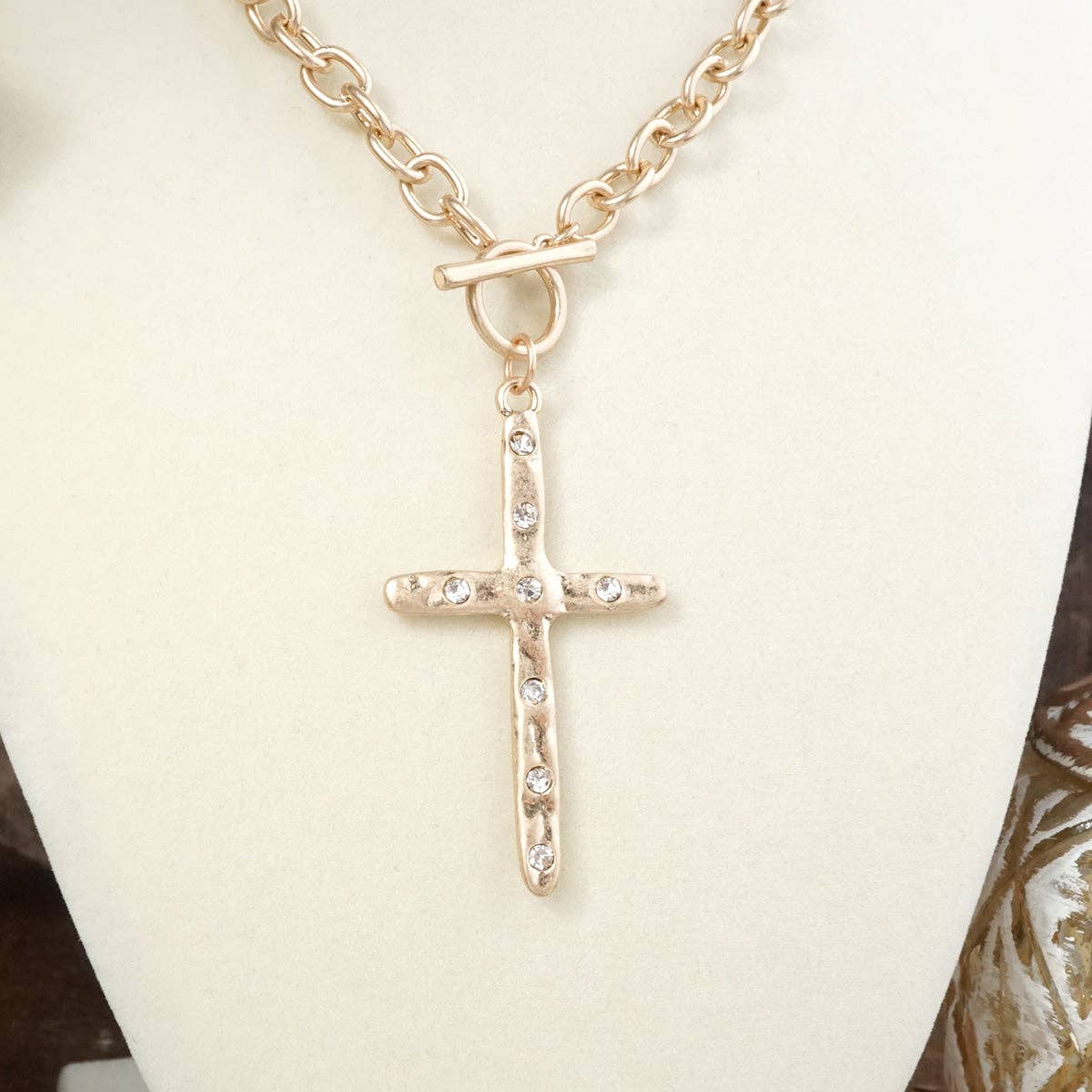 Hammered Cross Front Toggle Necklace