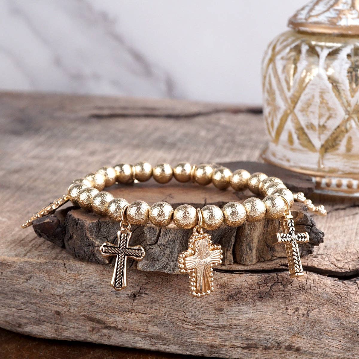 Faithful Path – Cross Charm & Beaded Stretch Bracelet