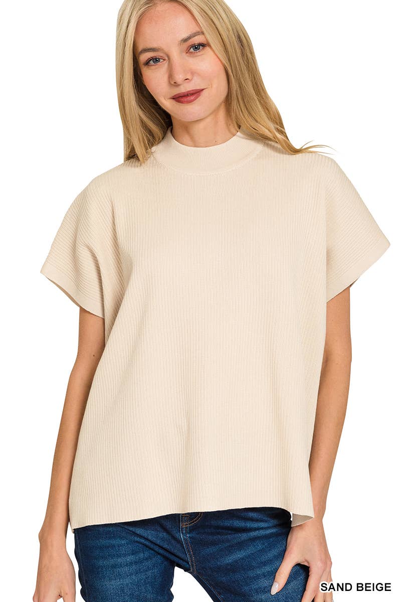 Viscose Mock Neck Short Sleeve Boxy Sweater SI-28297 Zenana