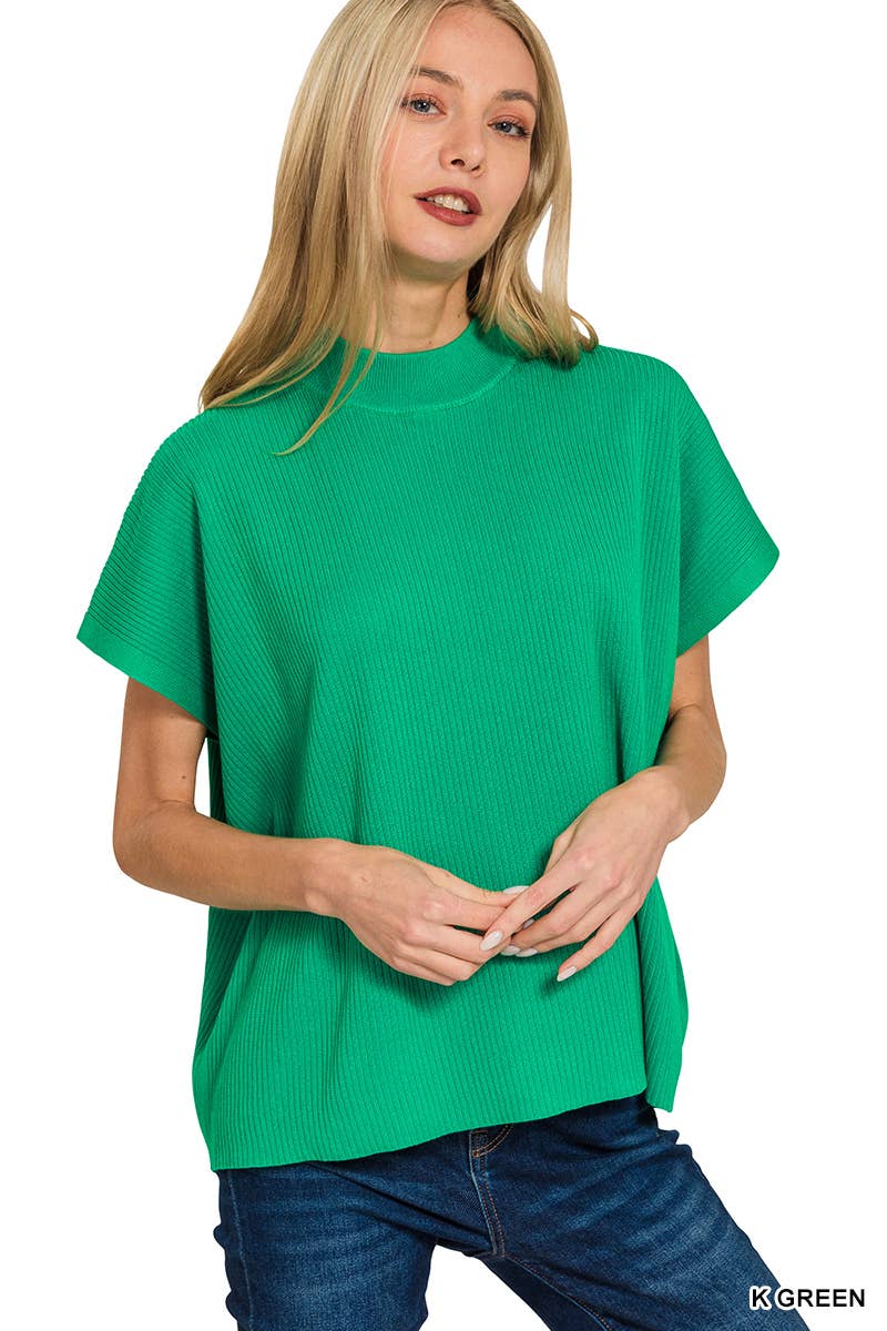 Viscose Mock Neck Short Sleeve Boxy Sweater SI-28297 Zenana