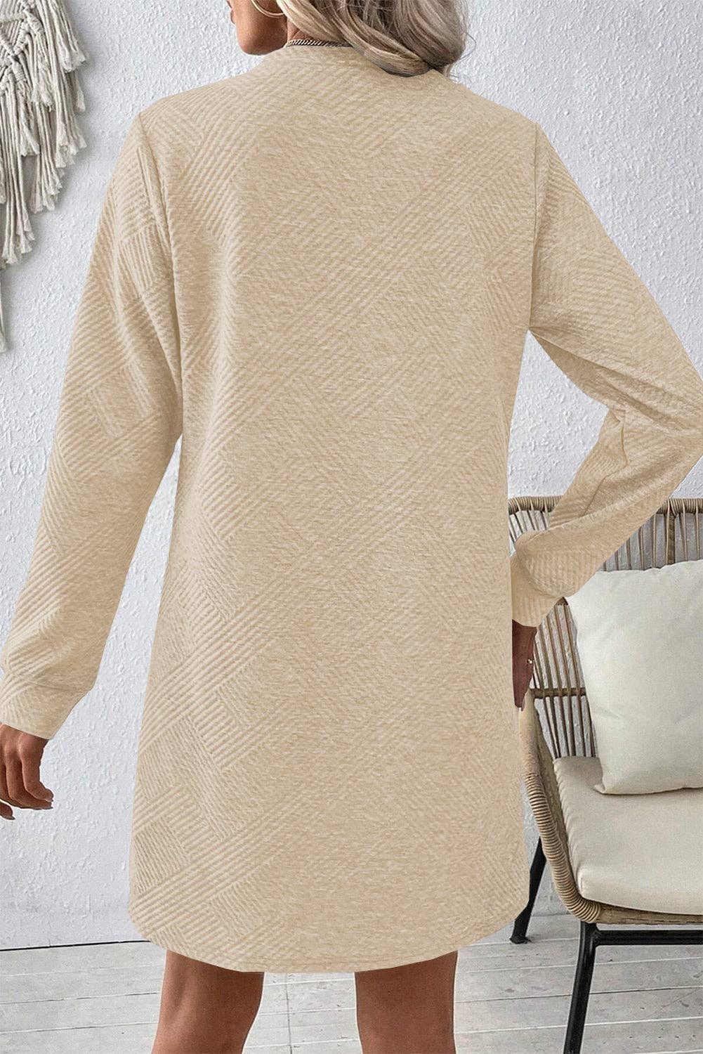 Solid Textured Long Sleeve Dress