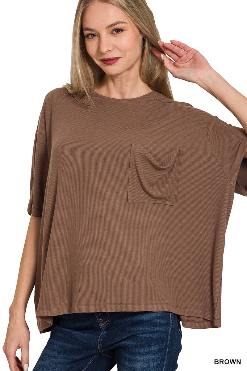 Oversized Ribbed Short Sleeve Tee w/ Back Patch - Zenana