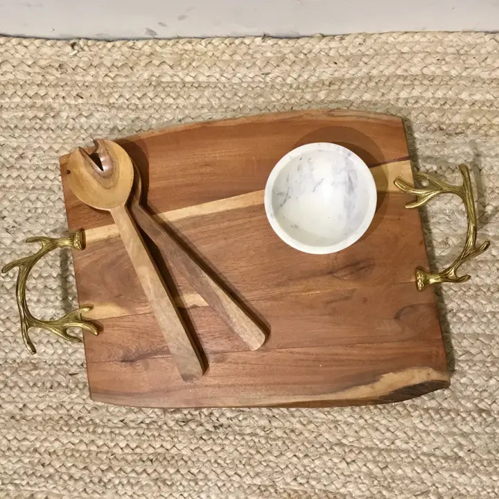 Wood Tray with Gold Antler Handles